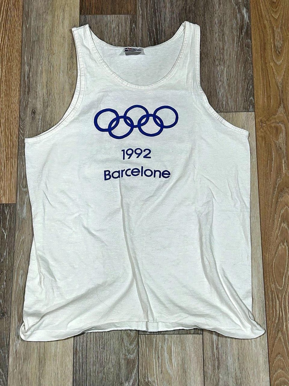 Hanes White Tank Top with Blue Olympic Rings Graphic